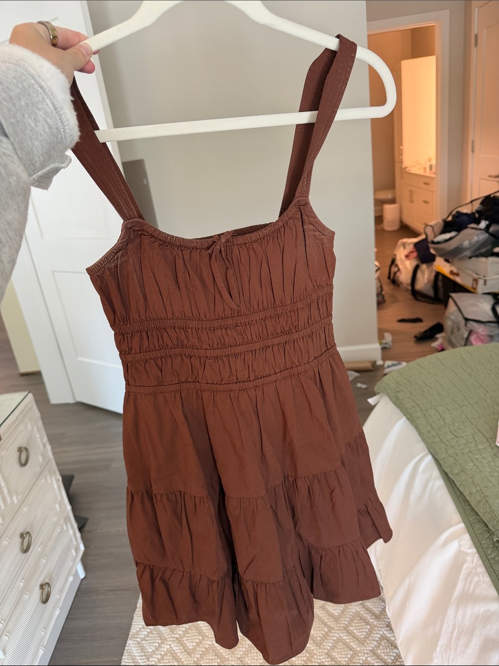 Aritzia Sunday Best Brown Smocked Tiered Mini Dress